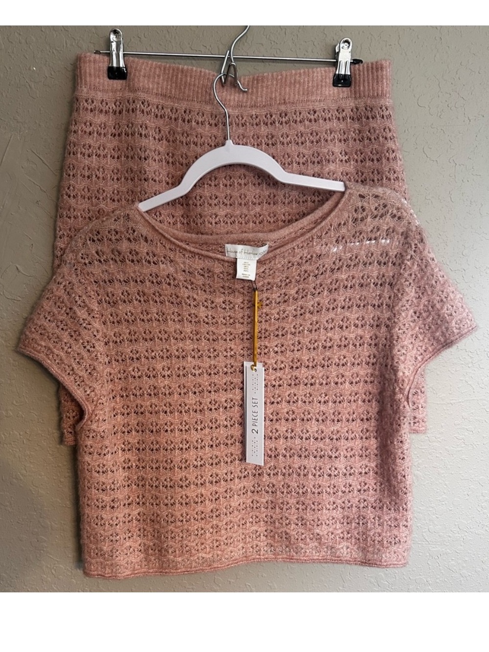 NWT House of Harlow 1960, Two Piece Crochet Knit Top & Skirt Set, Dusty Rose - Picture 1 of 4